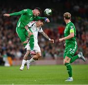 6 September 2025; Matt Doherty of Republic of Ireland in action against Bendegúz Bolla of Hungary during the FIFA World Cup 2026 Group F qualifying match between Republic of Ireland and Hungary at the Aviva Stadium in Dublin. Photo by David Fitzgerald/Sportsfile