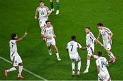 6 September 2025; Barnabás Varga of Hungary, centre, celebrates with team-mates after scoring his side's first goal during the FIFA World Cup 2026 Group F qualifying match between Republic of Ireland and Hungary at the Aviva Stadium in Dublin. Photo by Piaras Ó Mídheach/Sportsfile