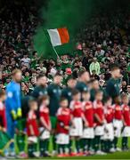 6 September 2025; Republic of Ireland players during the playing of the national anthems before the FIFA World Cup 2026 Group F qualifying match between Republic of Ireland and Hungary at the Aviva Stadium in Dublin. Photo by Seb Daly/Sportsfile