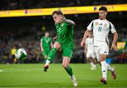 6 September 2025; Sammie Szmodics of Republic of Ireland in action against Milos Kerkez of Hungary during the FIFA World Cup 2026 Group F qualifying match between Republic of Ireland and Hungary at the Aviva Stadium in Dublin. Photo by Seb Daly/Sportsfile