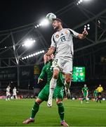 6 September 2025; Barnabás Varga of Hungary in action against Matt Doherty of Republic of Ireland during the FIFA World Cup 2026 Group F qualifying match between Republic of Ireland and Hungary at the Aviva Stadium in Dublin. Photo by Ben McShane/Sportsfile