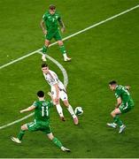 6 September 2025; Roland Sallai of Hungary in action against Finn Azaz of Republic of Ireland during the FIFA World Cup 2026 Group F qualifying match between Republic of Ireland and Hungary at the Aviva Stadium in Dublin. Photo by Piaras Ó Mídheach/Sportsfile