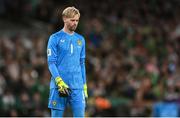 6 September 2025; Republic of Ireland goalkeeper Caoimhin Kelleher reacts during the FIFA World Cup 2026 Group F qualifying match between Republic of Ireland and Hungary at the Aviva Stadium in Dublin. Photo by David Fitzgerald/Sportsfile