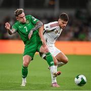 6 September 2025; Milos Kerkez of Hungary in action against Sammie Szmodics of Republic of Ireland during the FIFA World Cup 2026 Group F qualifying match between Republic of Ireland and Hungary at the Aviva Stadium in Dublin. Photo by David Fitzgerald/Sportsfile