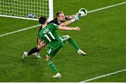 6 September 2025; Hungary goalkeeper Dénes Dibusz makes a save during the FIFA World Cup 2026 Group F qualifying match between Republic of Ireland and Hungary at the Aviva Stadium in Dublin. Photo by Piaras Ó Mídheach/Sportsfile