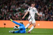 6 September 2025; Roland Sallai of Hungary has a shot saved by Republic of Ireland goalkeeper Caoimhin Kelleher during the FIFA World Cup 2026 Group F qualifying match between Republic of Ireland and Hungary at the Aviva Stadium in Dublin. Photo by Ben McShane/Sportsfile