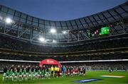 6 September 2025; The teams line up for the national anthems before the FIFA World Cup 2026 Group F qualifying match between Republic of Ireland and Hungary at the Aviva Stadium in Dublin. Photo by Ben McShane/Sportsfile