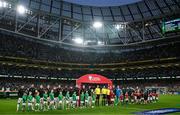 6 September 2025; The teams line up for the national anthems before the FIFA World Cup 2026 Group F qualifying match between Republic of Ireland and Hungary at the Aviva Stadium in Dublin. Photo by Ben McShane/Sportsfile