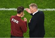 6 September 2025; Republic of Ireland head coach Heimir Hallgrimsson speaks to fourth official Daniel Schlager during the FIFA World Cup 2026 Group F qualifying match between Republic of Ireland and Hungary at the Aviva Stadium in Dublin. Photo by Piaras Ó Mídheach/Sportsfile