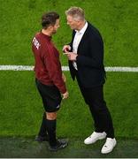 6 September 2025; Republic of Ireland head coach Heimir Hallgrimsson speaks to fourth official Daniel Schlager during the FIFA World Cup 2026 Group F qualifying match between Republic of Ireland and Hungary at the Aviva Stadium in Dublin. Photo by Piaras Ó Mídheach/Sportsfile