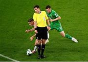 6 September 2025; Referee Harm Osmer moves out of the way of Roland Sallai of Hungary and Jason Knight of Republic of Ireland during the FIFA World Cup 2026 Group F qualifying match between Republic of Ireland and Hungary at the Aviva Stadium in Dublin. Photo by Piaras Ó Mídheach/Sportsfile