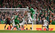 6 September 2025; Chiedozie Ogbene of Republic of Ireland has a header on goal during the FIFA World Cup 2026 Group F qualifying match between Republic of Ireland and Hungary at the Aviva Stadium in Dublin. Photo by Ben McShane/Sportsfile