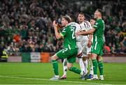 6 September 2025; Nathan Collins and Dara O'Shea of Republic of Ireland react to a missed chance during the FIFA World Cup 2026 Group F qualifying match between Republic of Ireland and Hungary at the Aviva Stadium in Dublin. Photo by David Fitzgerald/Sportsfile