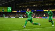 6 September 2025; Adam Idah of Republic of Ireland celebrates after scoring his side's second goal during the FIFA World Cup 2026 Group F qualifying match between Republic of Ireland and Hungary at the Aviva Stadium in Dublin. Photo by Stephen McCarthy/Sportsfile
