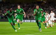 6 September 2025; Adam Idah of Republic of Ireland celebrates after scoring his side's second goal during the FIFA World Cup 2026 Group F qualifying match between Republic of Ireland and Hungary at the Aviva Stadium in Dublin. Photo by Stephen McCarthy/Sportsfile