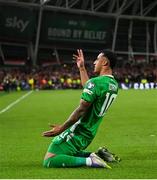 6 September 2025; Adam Idah of Republic of Ireland celebrates after scoring his side's second goal during the FIFA World Cup 2026 Group F qualifying match between Republic of Ireland and Hungary at the Aviva Stadium in Dublin. Photo by Stephen McCarthy/Sportsfile