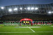 6 September 2025; Players and officials line up before the FIFA World Cup 2026 Group F qualifying match between Republic of Ireland and Hungary at the Aviva Stadium in Dublin. Photo by Stephen McCarthy/Sportsfile