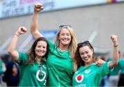 7 September 2025; Ireland supporters, from left, Jessica Kelliher, Fiona Scally and Rebecca Gaston before the Women's Rugby World Cup 2025 Pool C match between New Zealand and Ireland at Brighton and Hove Community Stadium in Falmer, England. Photo by Harry Murphy/Sportsfile