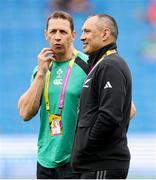 7 September 2025; Ireland head coach Scott Bemand, left, and New Zealand head coach Allan Bunting before the Women's Rugby World Cup 2025 Pool C match between New Zealand and Ireland at Brighton and Hove Community Stadium in Falmer, England. Photo by Harry Murphy/Sportsfile