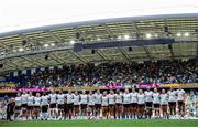 7 September 2025; The Ireland team stand for the national anthems before the Women's Rugby World Cup 2025 Pool C match between New Zealand and Ireland at Brighton and Hove Community Stadium in Falmer, England. Photo by Harry Murphy/Sportsfile