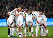 6 September 2025; The Hungary team huddle before the FIFA World Cup 2026 Group F qualifying match between Republic of Ireland and Hungary at the Aviva Stadium in Dublin. Photo by Stephen McCarthy/Sportsfile