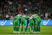 6 September 2025; The Republic of Ireland team huddle before the FIFA World Cup 2026 Group F qualifying match between Republic of Ireland and Hungary at the Aviva Stadium in Dublin. Photo by Stephen McCarthy/Sportsfile