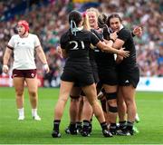 7 September 2025; New Zealand players celebrate winning a penalty on their own try line during the Women's Rugby World Cup 2025 Pool C match between New Zealand and Ireland at Brighton and Hove Community Stadium in Falmer, England. Photo by Harry Murphy/Sportsfile