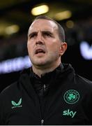 6 September 2025; Republic of Ireland assistant head coach John O'Shea stands for the playing of the National Anthem during the FIFA World Cup 2026 Group F qualifying match between Republic of Ireland and Hungary at the Aviva Stadium in Dublin. Photo by Stephen McCarthy/Sportsfile