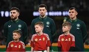 6 September 2025; Republic of Ireland players, from left, Ryan Manning, Finn Azaz and Jason Knight before the FIFA World Cup 2026 Group F qualifying match between Republic of Ireland and Hungary at the Aviva Stadium in Dublin. Photo by Stephen McCarthy/Sportsfile