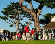 7 September 2025; Jackson Koivun of USA plays his tee shot on the first hole during day two of the 50th Walker Cup at Cypress Point Club in California, USA. Photo by Brian Spurlock/Sportsfile