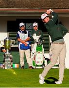 7 September 2025; Luke Poulter of Great Britain and Ireland plays his tee shot on the first hole during day two of the 50th Walker Cup at Cypress Point Club in California, USA. Photo by Brian Spurlock/Sportsfile
