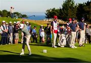 7 September 2025; Stuart Grehan of Great Britain and Ireland plays his tee shot on the 3rd hole during day two of the 50th Walker Cup at Cypress Point Club in California, USA. Photo by Brian Spurlock/Sportsfile