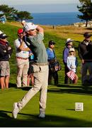 7 September 2025; Stuart Grehan of Great Britain and Ireland plays his tee shot on the 3rd hole during day two of the 50th Walker Cup at Cypress Point Club in California, USA. Photo by Brian Spurlock/Sportsfile