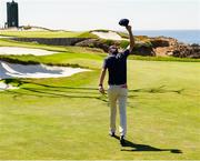 7 September 2025; Mason Howell of USA reacts to holing his second shot out the 17th fairway for an eagle on a par 4 to win the match against Stuart Grehan and Eliot Baker of Great Britain and Ireland during day two of the 50th Walker Cup at Cypress Point Club in California, USA. Photo by Brian Spurlock/Sportsfile