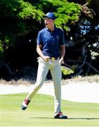 7 September 2025; Mason Howell of USA reacts to making a birdie putt to win the 15th hole during day two of the 50th Walker Cup at Cypress Point Club in California, USA. Photo by Brian Spurlock/Sportsfile