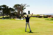 7 September 2025; Mason Howell of USA reacts to holing his second shot out the 17th fairway for an eagle on a par 4 to win the match against Stuart Grehan and Eliot Baker of Great Britain and Ireland during day two of the 50th Walker Cup at Cypress Point Club in California, USA. Photo by Brian Spurlock/Sportsfile
