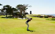 7 September 2025; Mason Howell of USA holes this shot out the 17th fairway to win the match against Team Great Britain and Ireland golfers Stuart Grehan and Eliot Baker during day two of the 50th Walker Cup at Cypress Point Club in California, USA. Photo by Brian Spurlock/Sportsfile