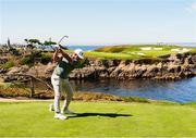 7 September 2025; Eliot Baker of Great Britain and Ireland plays his tee shot on the 16th hole during day two of the 50th Walker Cup at Cypress Point Club in California, USA. Photo by Brian Spurlock/Sportsfile