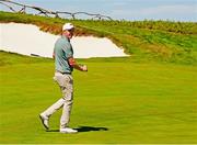 7 September 2025; Stuart Grehan of Great Britain and Ireland reacts to chipping the ball in from off the green on the 16th hole during day two of the 50th Walker Cup at Cypress Point Club in California, USA. Photo by Brian Spurlock/Sportsfile