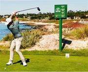 7 September 2025; Gavin Tiernan of Great Britain and Ireland plays his tee shot on the second hole during the afternoon singles matches of day two of the 50th Walker Cup at Cypress Point Club in California, USA. Photo by Brian Spurlock/Sportsfile
