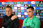 8 September 2025; Josh Cullen, right, and head coach Heimir Hallgrimsson during a Republic of Ireland media conference at the AFF Technical Center Academy in Yerevan, Armenia. Photo by Stephen McCarthy/Sportsfile