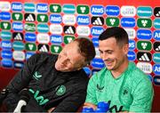 8 September 2025; Head coach Heimir Hallgrimsson and Josh Cullen during a Republic of Ireland media conference at the AFF Technical Center Academy in Yerevan, Armenia. Photo by Stephen McCarthy/Sportsfile