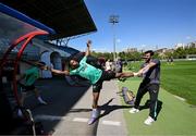 8 September 2025; Chiedozie Ogbene stretches with the help of strength and conditioning coach Pepe Lázaro Ramírez during a Republic of Ireland training session at the AFF Technical Center Academy in Yerevan, Armenia. Photo by Stephen McCarthy/Sportsfile