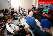 8 September 2025; Josh Cullen, right, head coach Heimir Hallgrimsson and communications manager Kieran Crowley, left, during a Republic of Ireland media conference at the AFF Technical Center Academy in Yerevan, Armenia. Photo by Stephen McCarthy/Sportsfile
