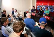 8 September 2025; Josh Cullen, right, head coach Heimir Hallgrimsson and communications manager Kieran Crowley, left, during a Republic of Ireland media conference at the AFF Technical Center Academy in Yerevan, Armenia. Photo by Stephen McCarthy/Sportsfile