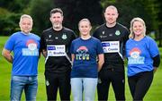 11 September 2025; Shamrock Rovers manager Stephen Bradley and assistant manager Glenn Cronin will take on the Irish Life Dublin Marathon on Sunday, 26 October, to raise €100,000 for childhood cancer charity Oscar’s Kids, donations can be made at bit.ly/StephenGlenn4OscarsKids. Pictured with them are Dave and Orna Brennan and Lorraine Doyle, whose families are supported by the charity. They will also be running the marathon in aid of Oscar’s Kids. Photo by David Fitzgerald/Sportsfile