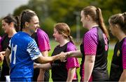 7 September 2025; Waterford captain Lisa Dower shakes hands with Wexford players before the FAI Women’s Angela Hearst Inter-League Cup final match between Waterford Women's & Schoolgirls League and Wexford District Women’s & Schoolgirls League at the Regional Sports Centre in Waterford. Photo by Shauna Clinton/Sportsfile