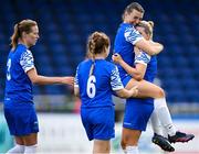 7 September 2025; Waterford players Shauna Wall, left, and Laura Stafford celebrate at the final whistle of the FAI Women’s Angela Hearst Inter-League Cup final match between Waterford Women's & Schoolgirls League and Wexford District Women’s & Schoolgirls League at the Regional Sports Centre in Waterford. Photo by Shauna Clinton/Sportsfile