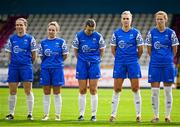 7 September 2025; Waterford players stand for the playing of the national anthem before the FAI Women’s Angela Hearst Inter-League Cup final match between Waterford Women's & Schoolgirls League and Wexford District Women’s & Schoolgirls League at the Regional Sports Centre in Waterford. Photo by Shauna Clinton/Sportsfile