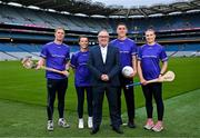 9 September 2025; Safefood, in collaboration with the GAA, today launched 'Fuel your Game', a new suite of resources designed to support youth players, parents, and coaches in making informed food choices to enhance their Gaelic games activity and overall health and wellbeing. Pictured at the launch in Croke Park is Dr. Gary Kearney, Safefood, centre, with, from left, Tipperary Hurler Jason Forde, Dublin Ladies footballer Leah Caffrey, Kerry Footballer Joe O’Connor and Kilkenny Camogie Player Mairead Kennedy demonstrating the importance of healthy eating and hydration for peak performance. For more information and to access the resources, visit: https://learning.gaa.ie/fueltheirgame. Photo by David Fitzgerald/Sportsfile